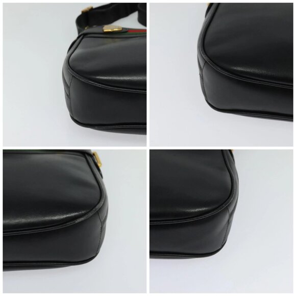 GUCCI Web Sherry Line Shoulder Bag Leather Black Gold Red Auth IN032 - Picture 16 of 16